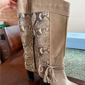 Women's Taupe Snake-Print Mid-Calf Heeled Boots with Tassel Detail